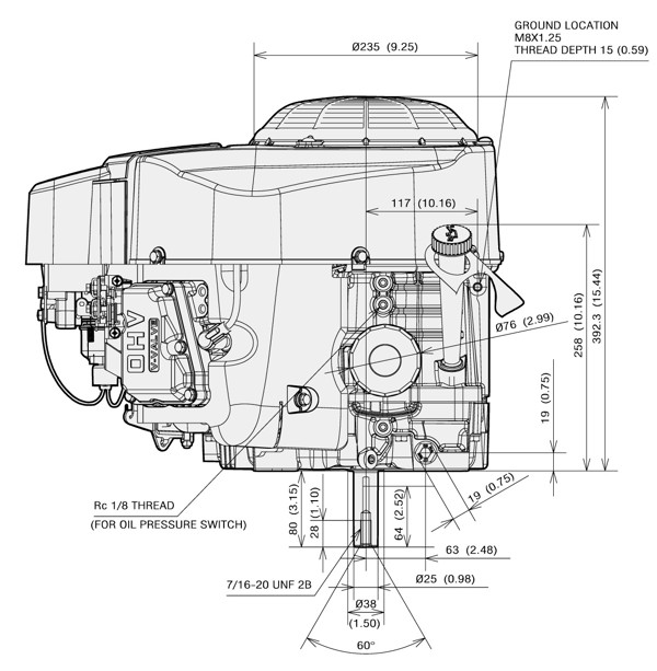 Dimensional Specification drawing for Kawasaki FR730V engine 