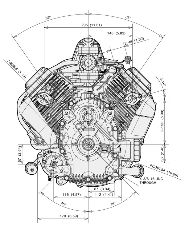 Dimensional Specification drawing for Kawasaki FR730V engine 