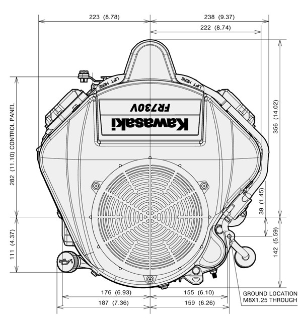 Dimensional Specification drawing for Kawasaki FR730V engine 