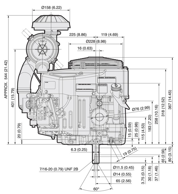 Dimensional Specification drawing for Kawasaki FX481V engine 