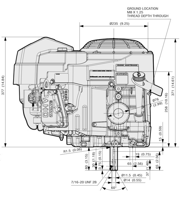 Dimensional Specification drawing for Kawasaki FS481V engine 