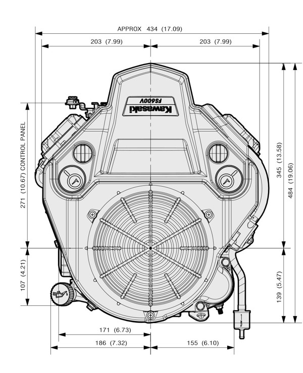Dimensional Specification drawing for Kawasaki FS481V engine 