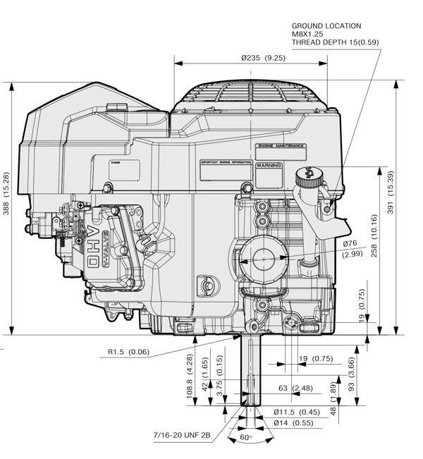 Dimensional Specification drawing for Kawasaki FS651V engine 