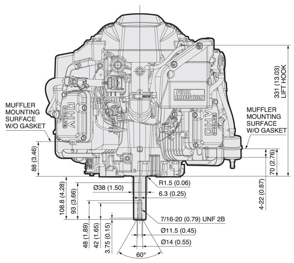 Dimensional Specification drawing for Kawasaki FS730V EFI engine 