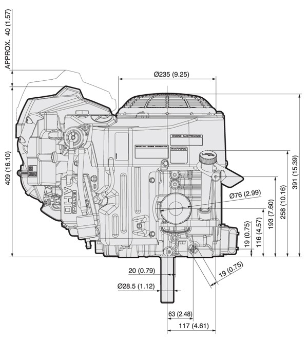 Dimensional Specification drawing for Kawasaki FS730V EFI engine 