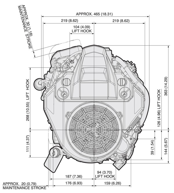 Dimensional Specification drawing for Kawasaki FS730V EFI engine 