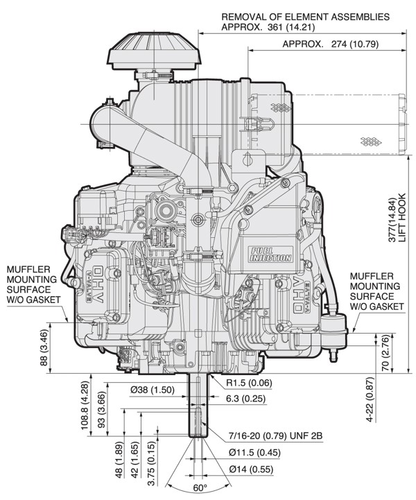 Dimensional Specification drawing for Kawasaki FX730V EFI engine 