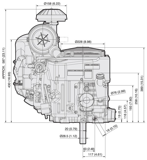 Dimensional Specification drawing for Kawasaki FX730V EFI engine 