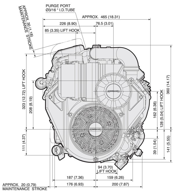 Dimensional Specification drawing for Kawasaki FX730V EFI engine 