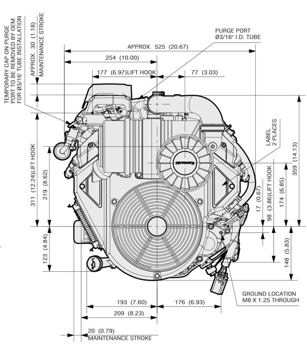 Dimensional Specification drawing for Kawasaki FX850V EFI engine 