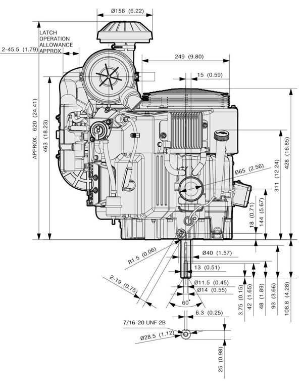Dimensional Specification drawing for Kawasaki FX850V EFI engine 