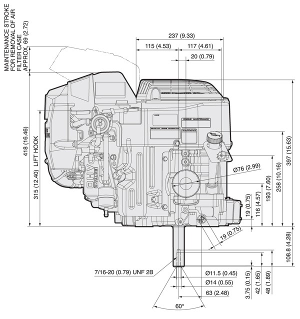 Dimensional Specification drawing for Kawasaki FT730V EFI engine 