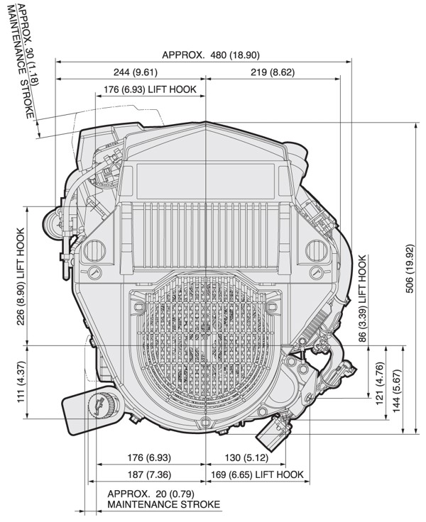 Dimensional Specification drawing for Kawasaki FT730V EFI engine 