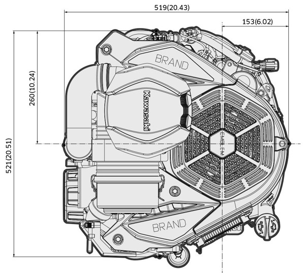 Dimensional Specification drawing for Kawasaki FX820V EVO EFI engine 
