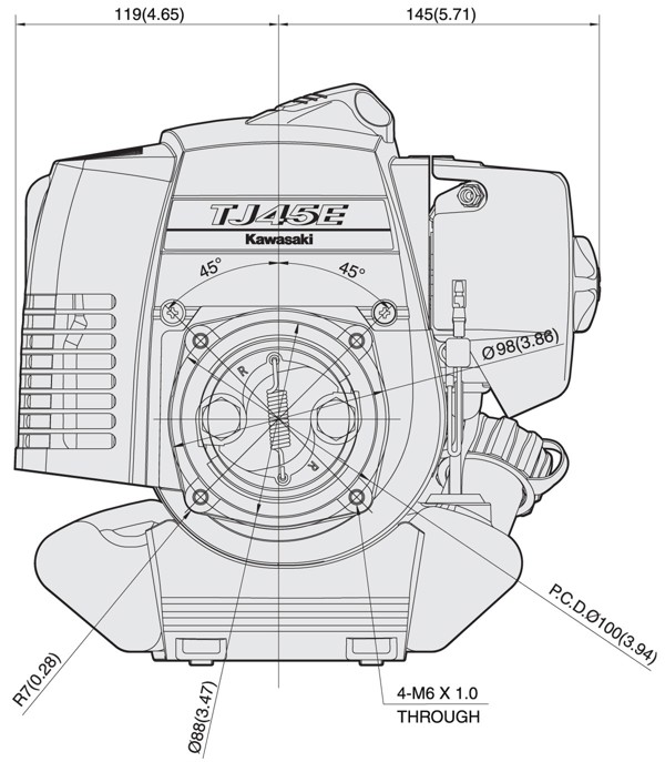 Dimensional Specification drawing for Kawasaki TJ45E engine 