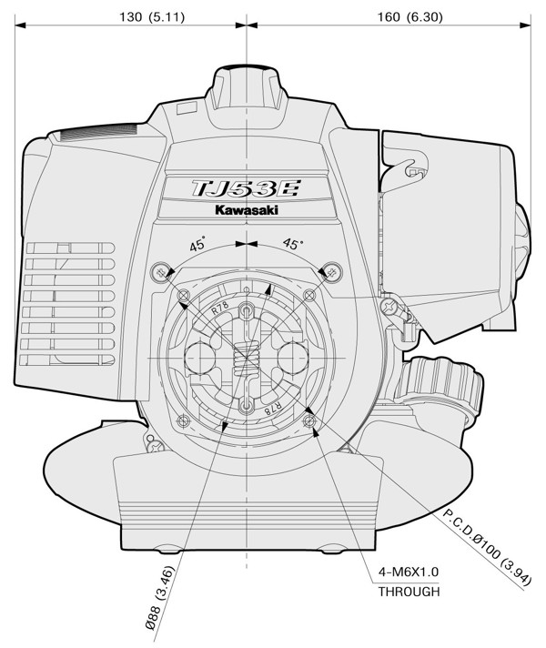 Dimensional Specification drawing for Kawasaki TJ53E engine 