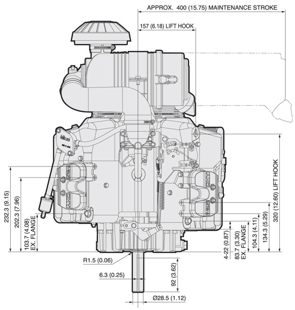 Dimensional Specification drawing for Kawasaki FX801V engine 